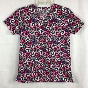 White Cross 321 Top Womens Sz XS Pink Heart Print Cotton Short Sleeve Scrub
